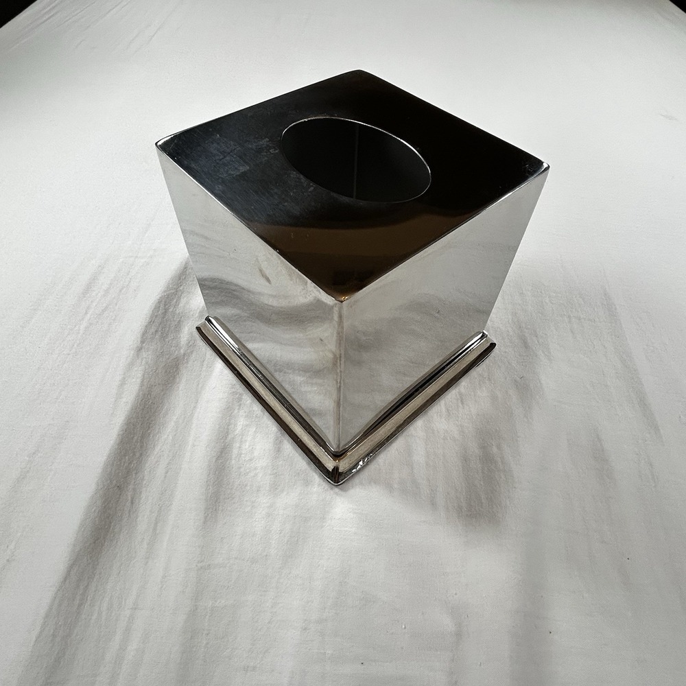 Pottery Barn Mercer Silver Metal Tissue Box Cover Holder Cube Mirrored Steel
